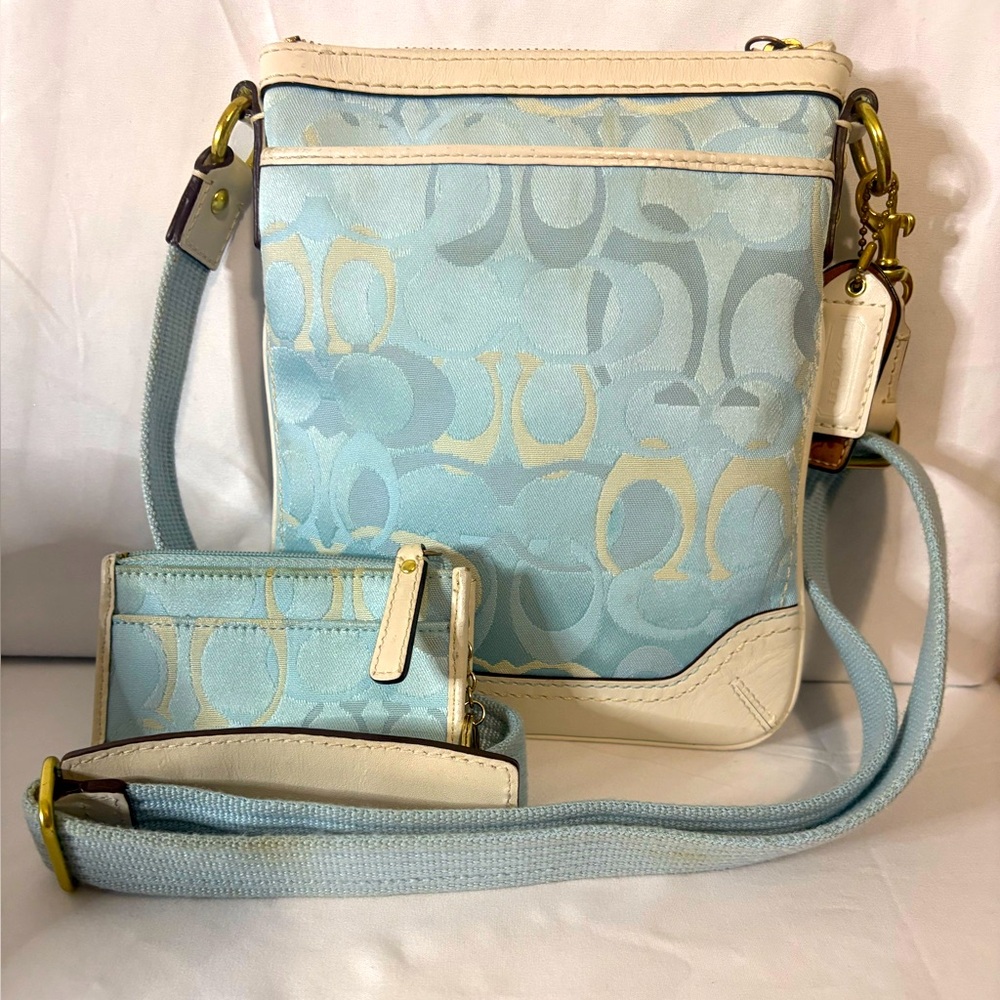 Coach Light Blue and Cream Signature Crossbody Bag with Card Wallet